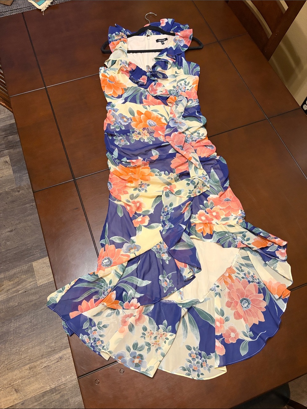 Kensie Blue, Cream & Orange Floral Ruffle Maxi Dress so wedding guest!!